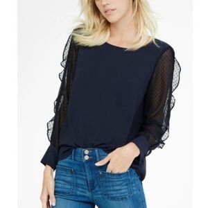 Express Navy Blue Blouse Sheer Ruffled Long Sleeves Buttoned Back Size Small